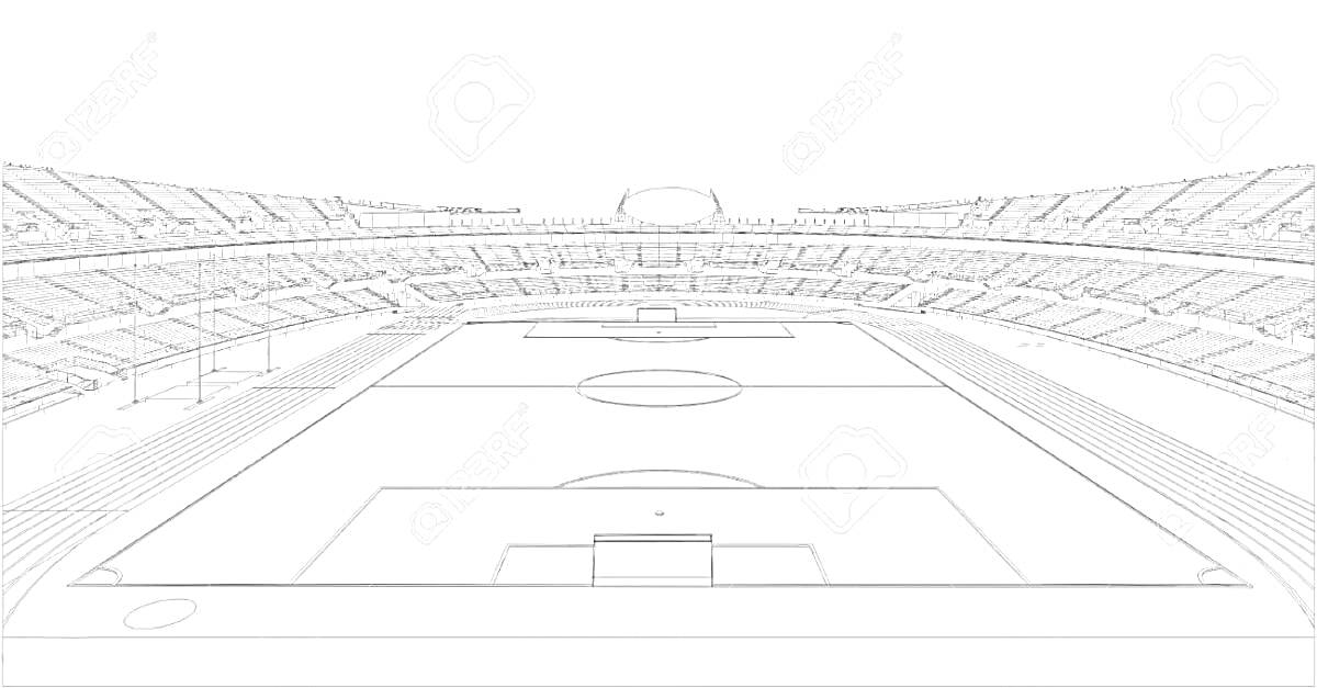 На раскраске изображено: Футбольное поле, Трибуны, Ворота, Разметка, Спорт, Футбол