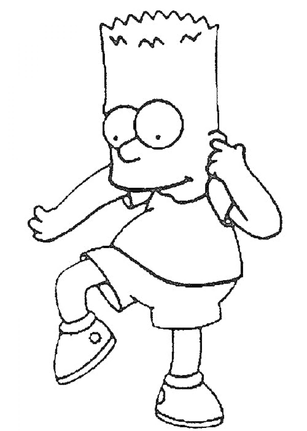 На раскраске изображено: Симпсоны, Мальчик, Поднятая нога, Герои мультфильмов, Шаги