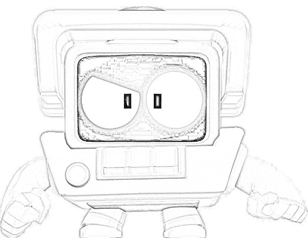 Раскраска Робот с плоским лицом и боксическими руками, экраны-глаза и шапка