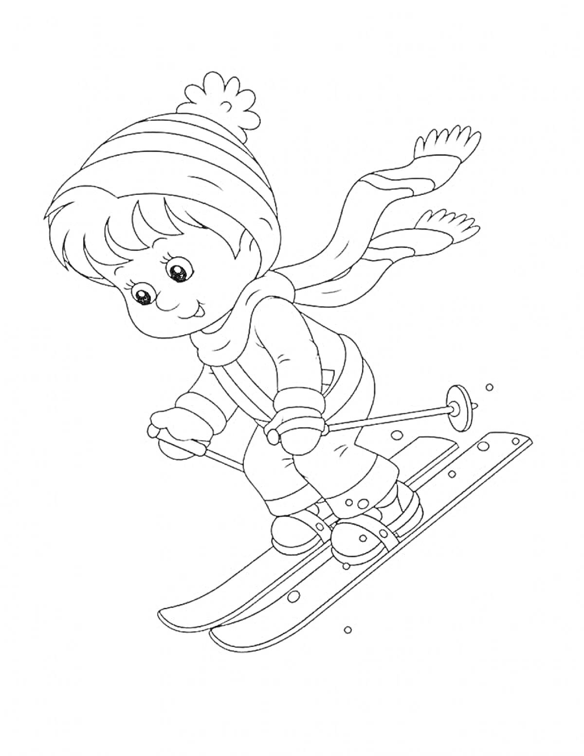 На раскраске изображено: Ребенок, Лыжи, Лыжные палки, Зимний спорт, Шапка, Шарф, Рукавицы, Снег