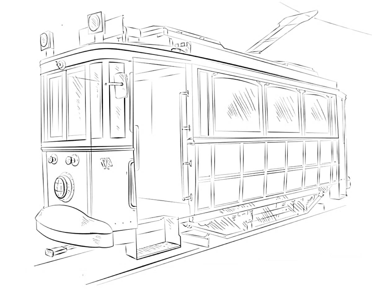 Раскраска Трамвай на рельсах с открытой дверью и контактным проводом