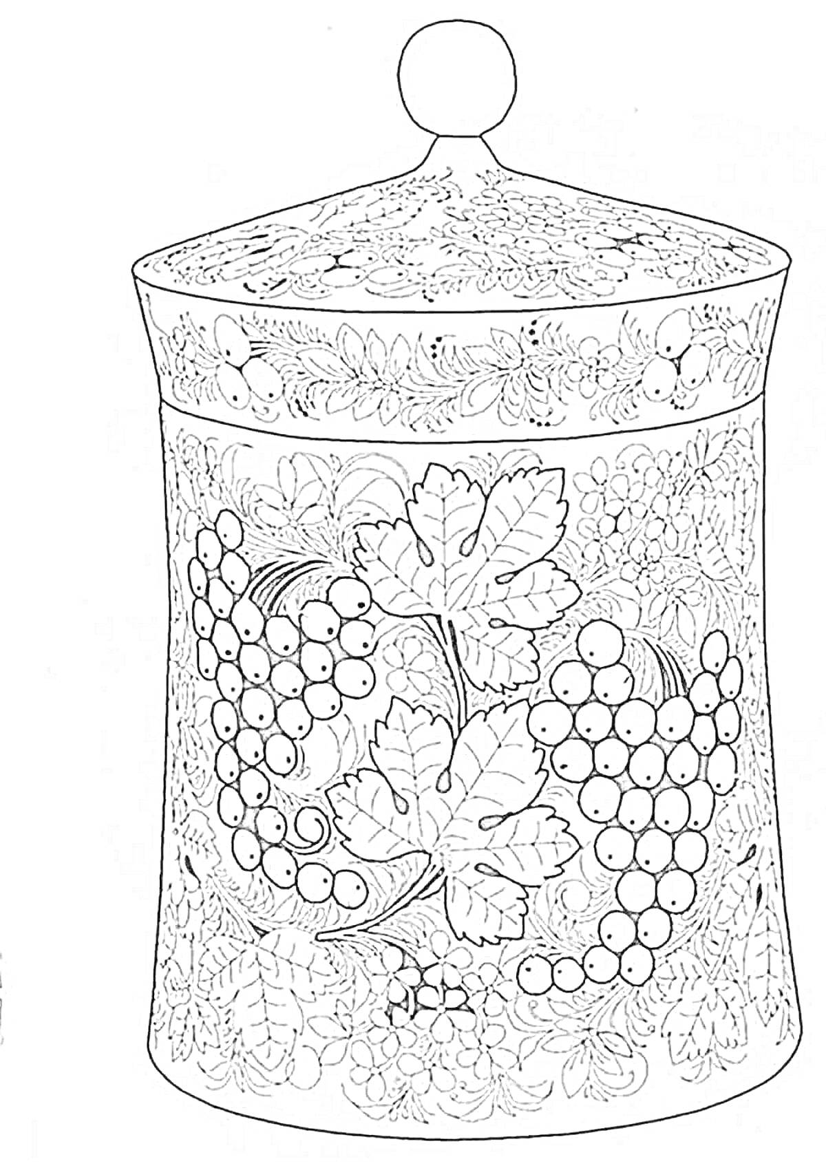 Раскраска Банка с крышкой, украшенная хохломской росписью, листья, ягоды и узоры