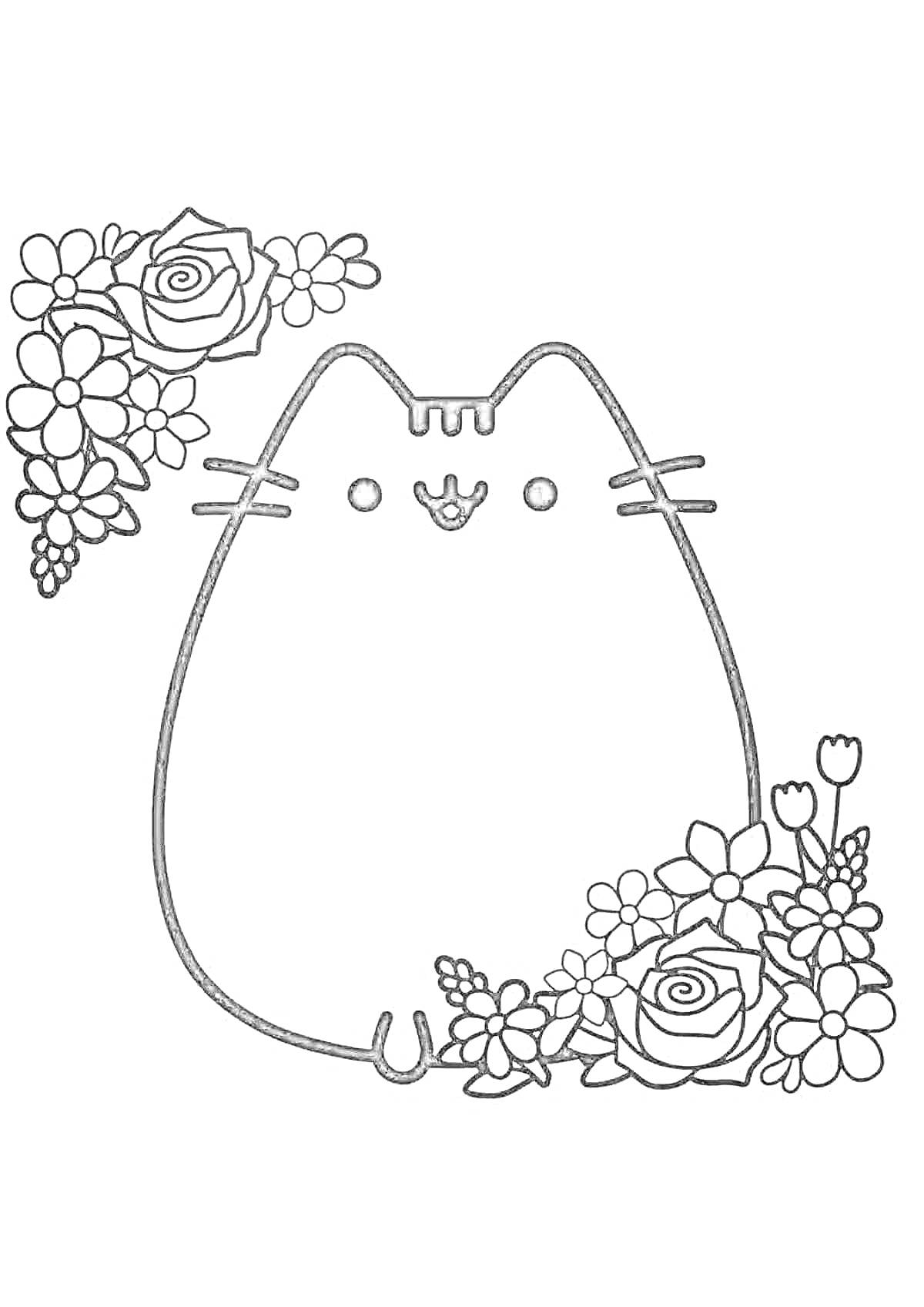На раскраске изображено: Кот, Цветы, Розы, Тюльпаны