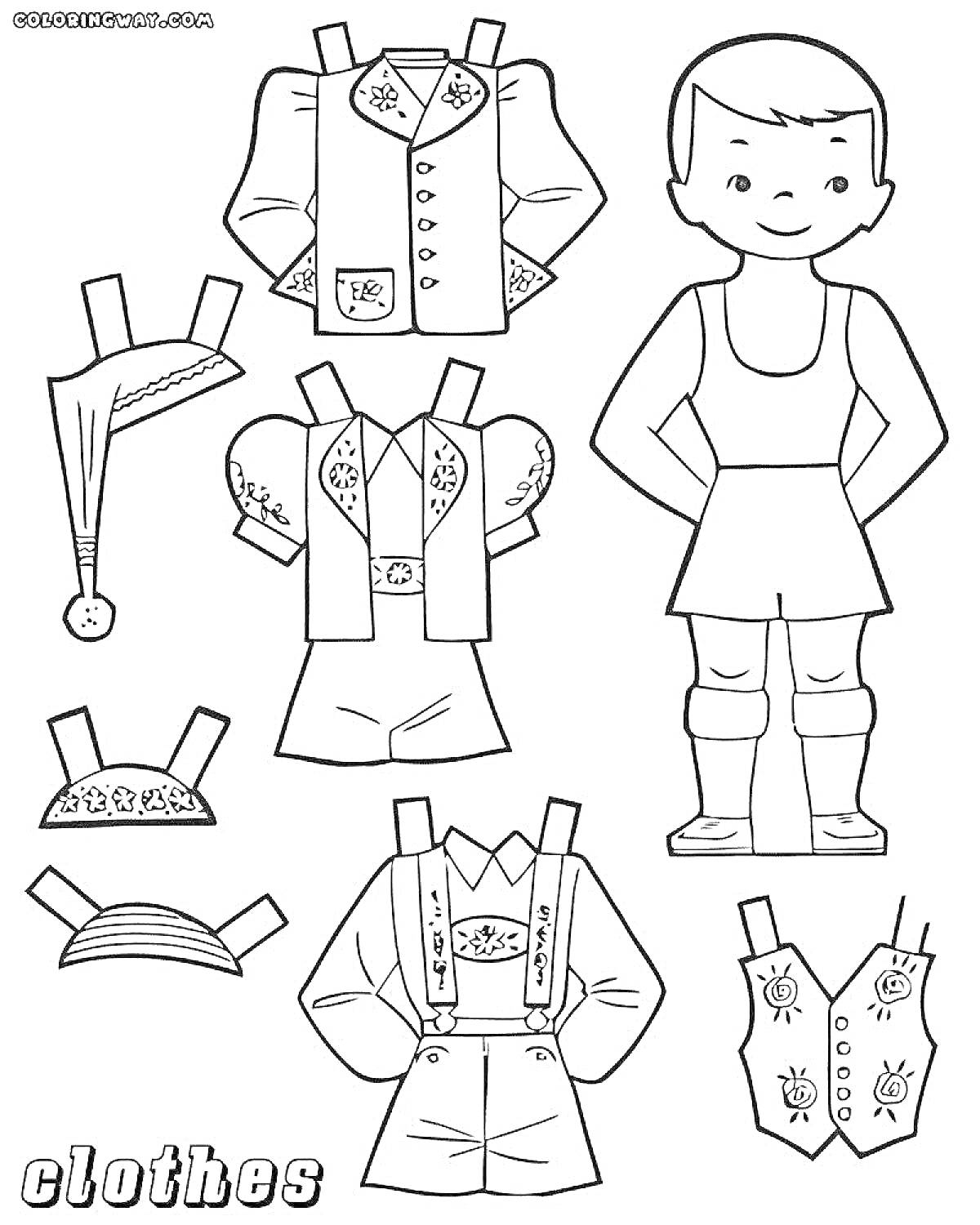 На раскраске изображено: Костюм, Шорты, Подтяжки, Жилет, Мальчик, Одежда, Узоры