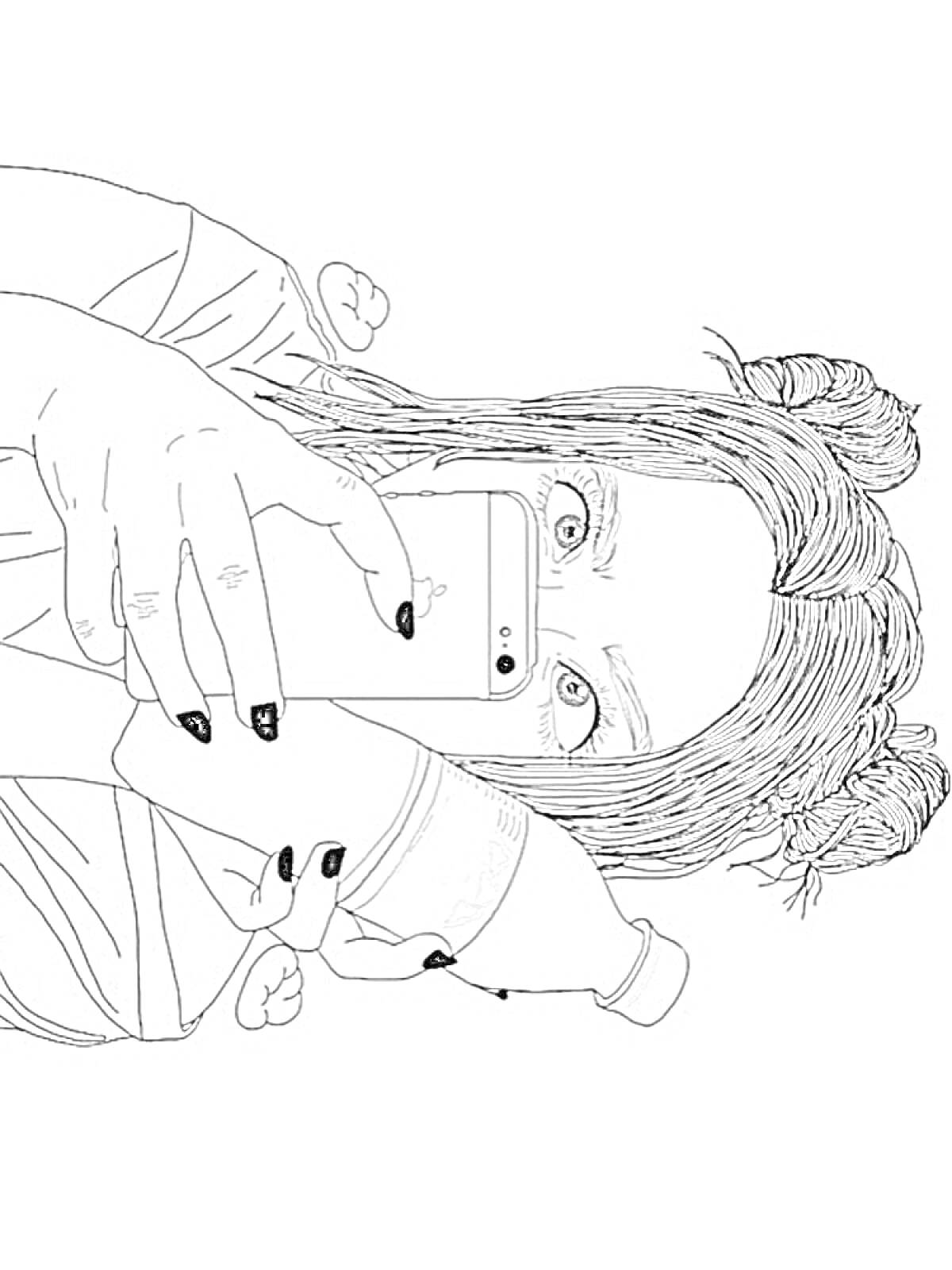 На раскраске изображено: Девочка, Два пучка, Селфи, Телефон, Бутылка