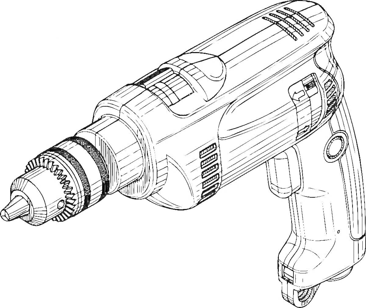 Раскраска Электрический шуруповерт с рукояткой и сверлильным патроном