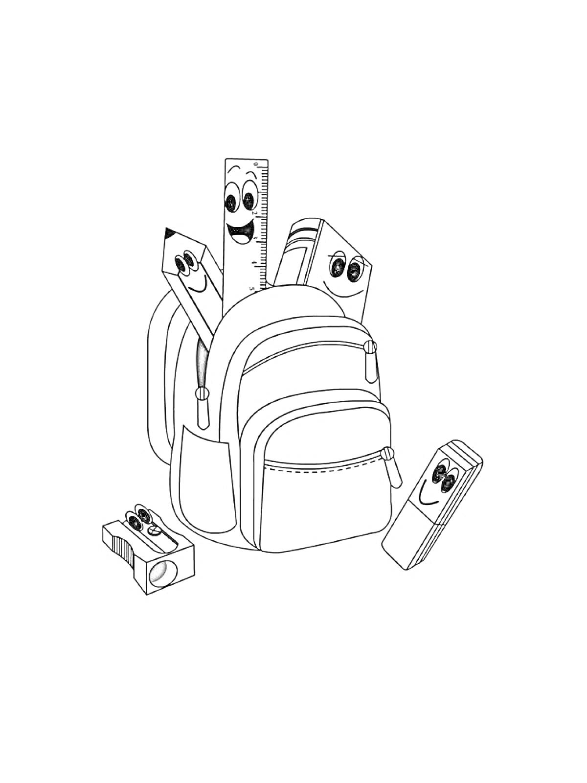 Раскраска Портфель с линейкой, ластиком, карандашом, точилкой и книгой