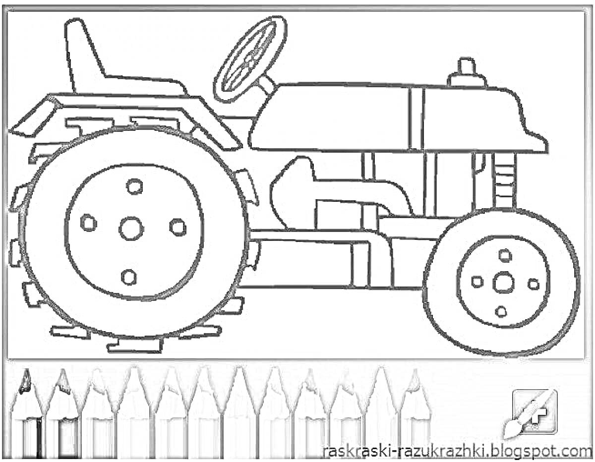 На раскраске изображено: Трактор, Большие колеса, Сельское хозяйство, Транспорт, Техника