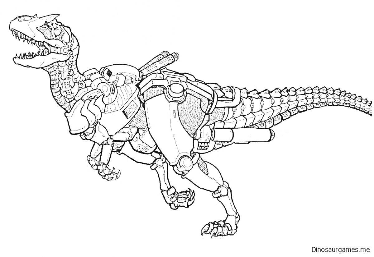 Раскраска Динозавр робот: тираннозавр с механизмами и броней