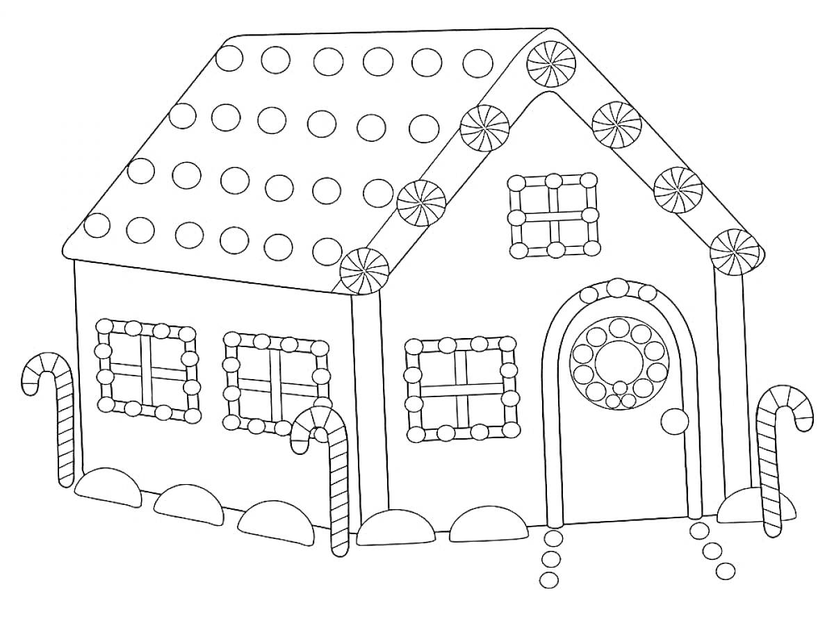 Раскраска Дом, украшенный конфетами. Окна, дверь, леденцы, конфеты на крыше.