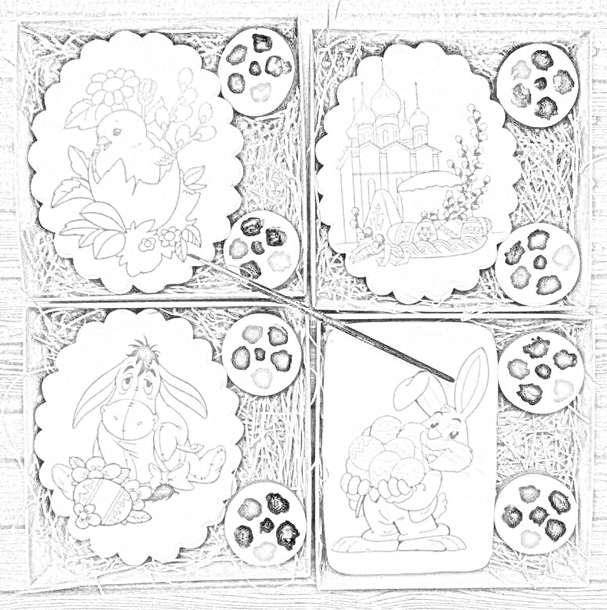 Раскраска Пряничный набор с рисунками: птенец с цветами, храм с куполами, Иа-Иа с цветком, кролик с корзиной пасхальных яиц