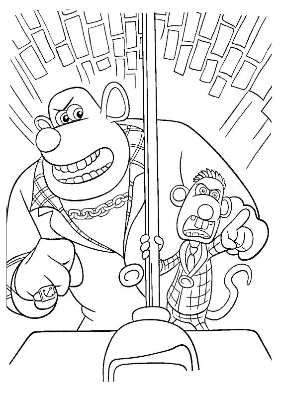 Раскраска Бандит и его подручный в костюме, стоящие у столба на фоне города