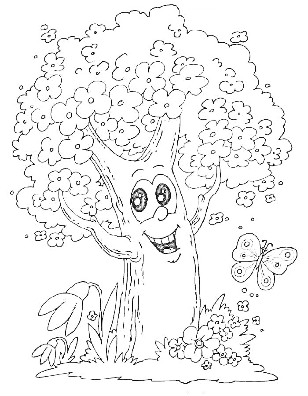 Раскраска Дерево с цветами, улыбающееся лицо, бабочка, трава, цветы