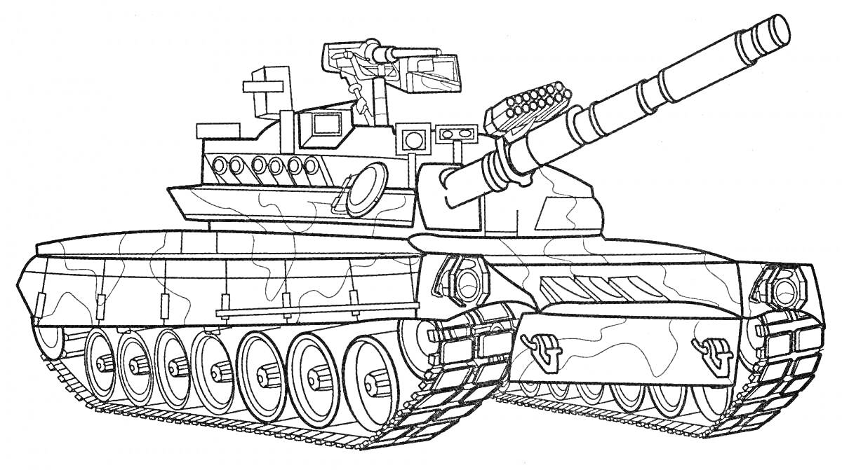 Раскраска танк с камуфляжным узором, башней с пушкой, антенной и гусеницами