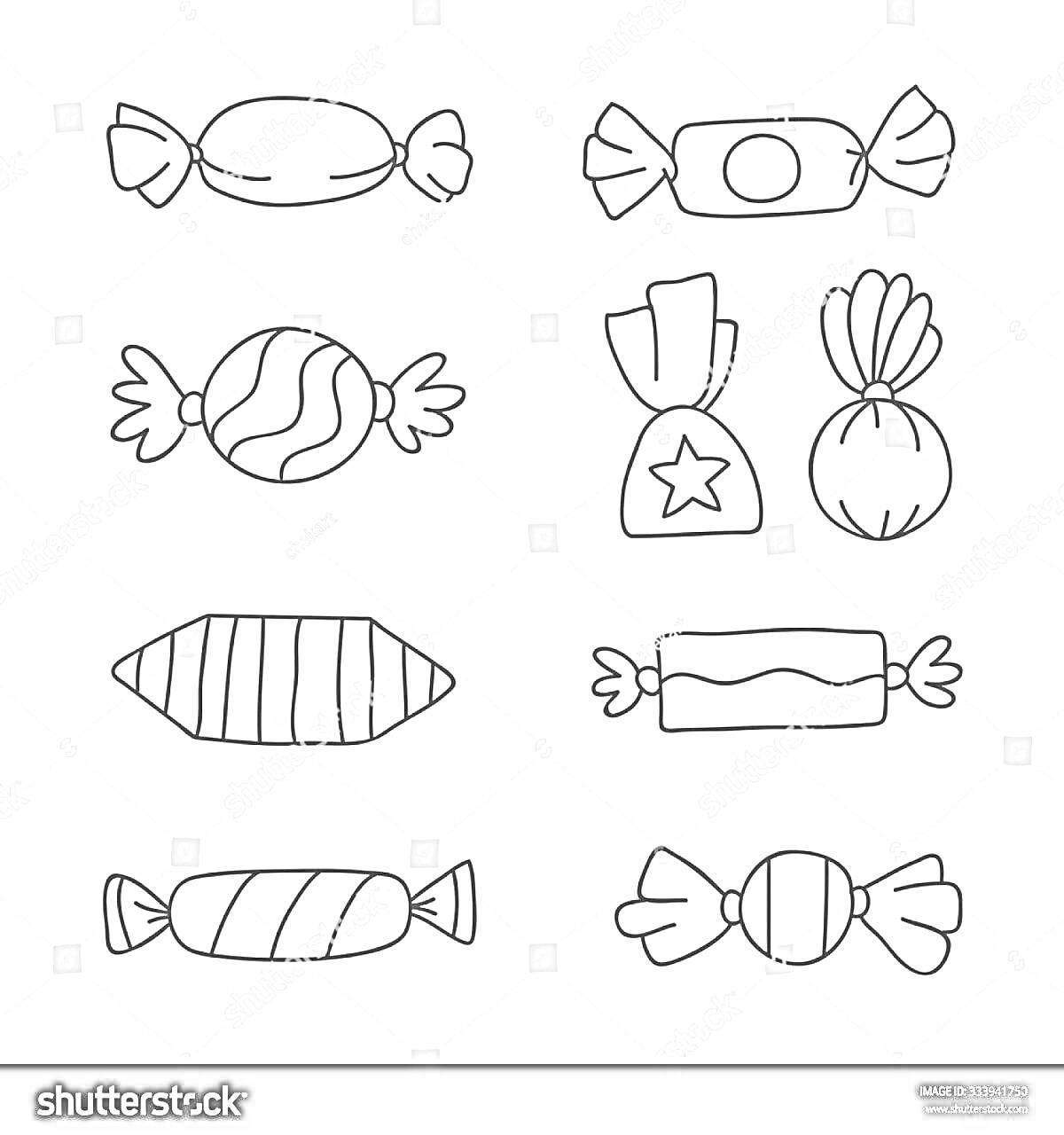 Раскраска Векторная раскраска - восемь различных конфет (округлая, длинная, с узором, в пакетике, цилиндрическая, с рисунком звезды, прямоугольная с бантом)
