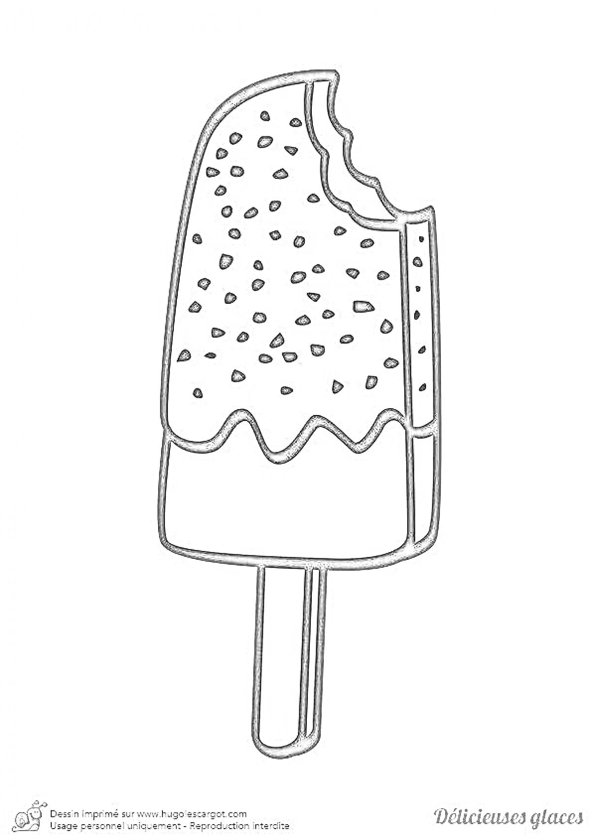 На раскраске изображено: Эскимо, Мороженое, Палочка, Посыпка, Сладости, Контурные рисунки