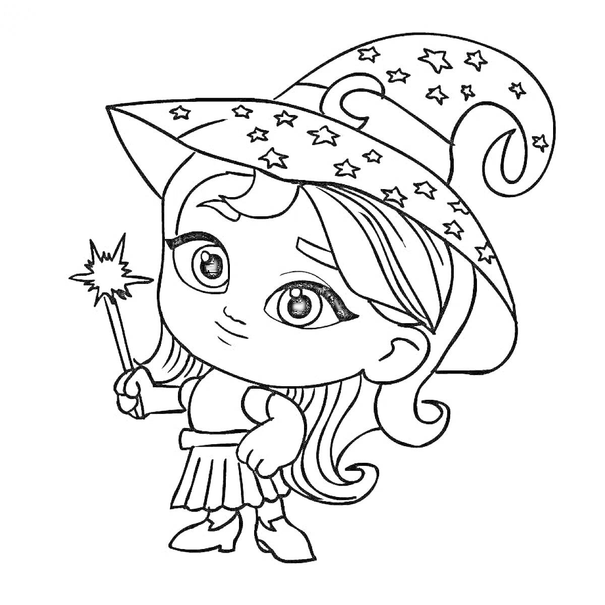 Раскраска Девочка в волшебной шляпе со звездочками, держащая волшебную палочку