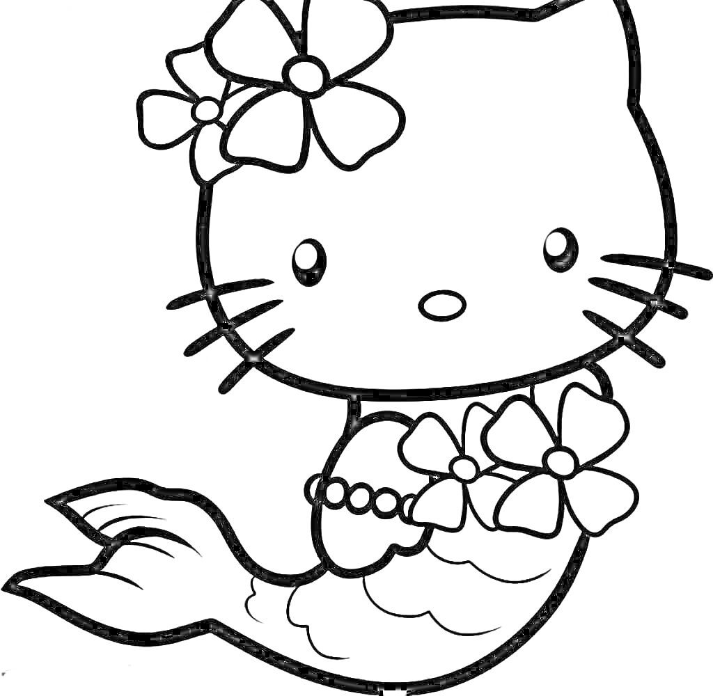 Раскраска Китти русалка с цветами