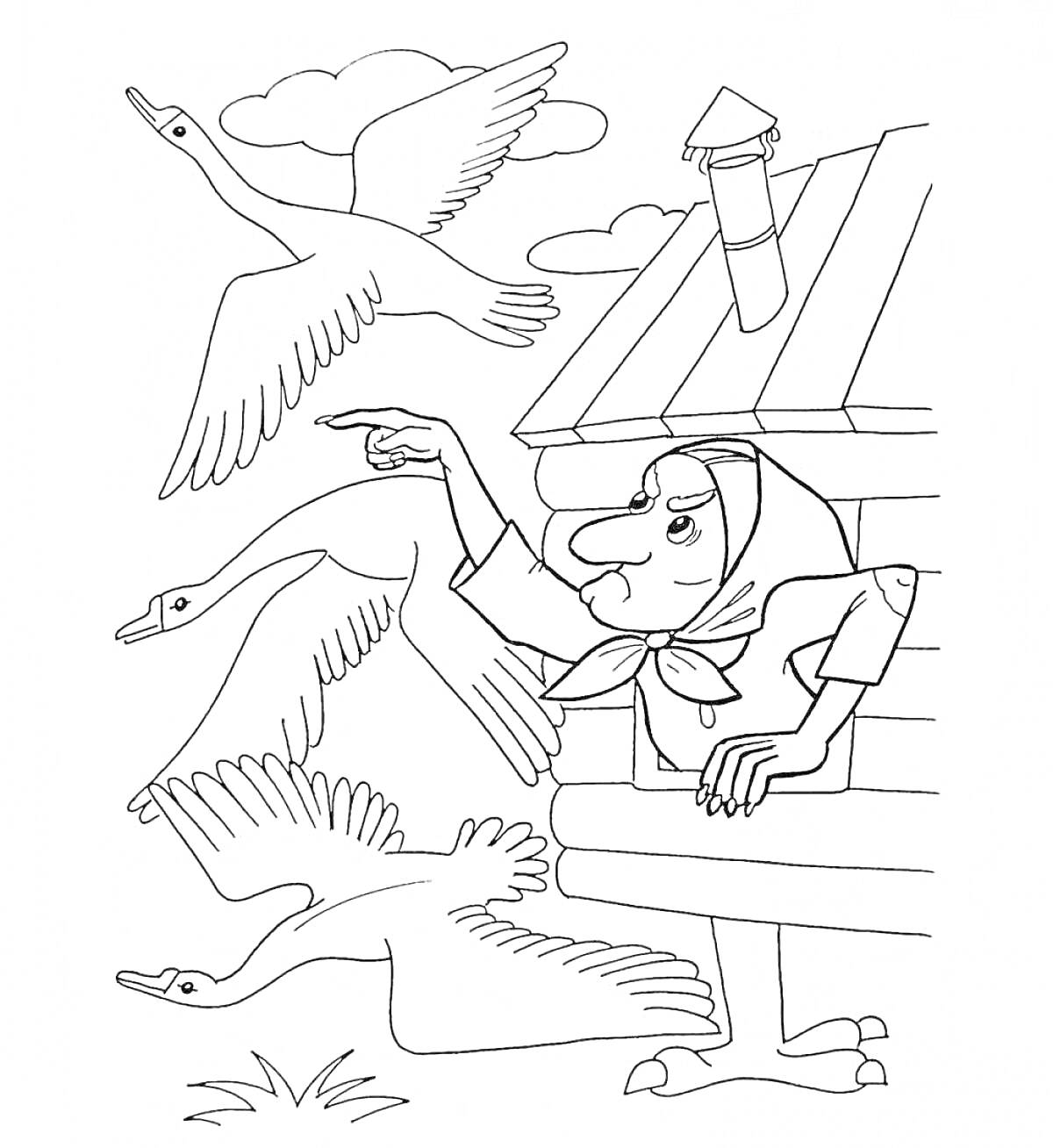 На раскраске изображено: Гуси-лебеди, Баба Яга, Избушка на курьих ножках, Для детей