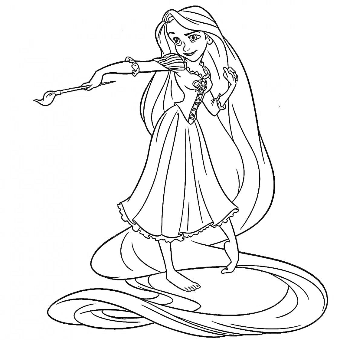 Раскраска Принцесса Рапунцель с длинными волосами и кисточкой в руке