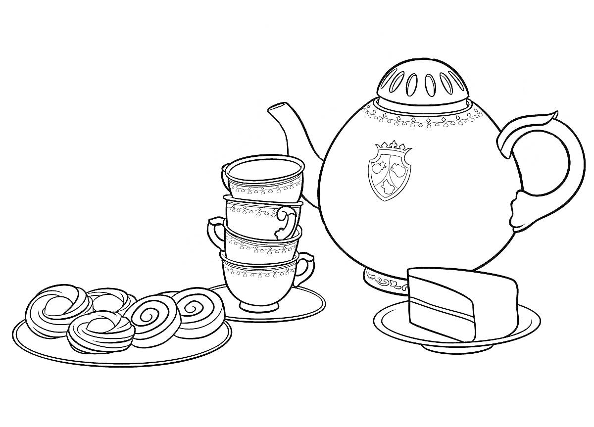 На раскраске изображено: Чашки, Тарелка, Роллы, Торт, Кусок торта, Чаепитие