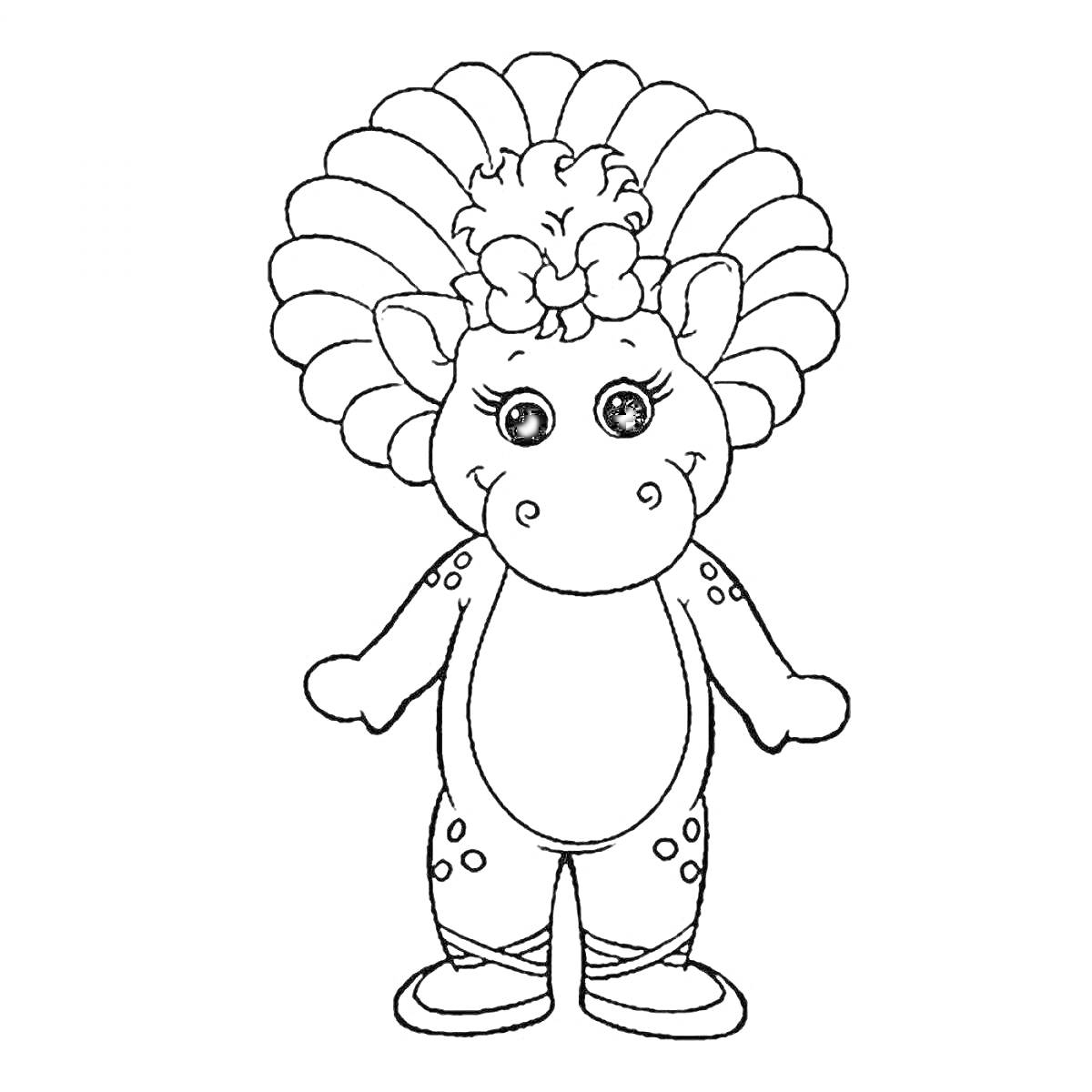 Раскраска Мишка Барни в костюме с большим головным убором и пятнами на теле, на ногах - сапожки