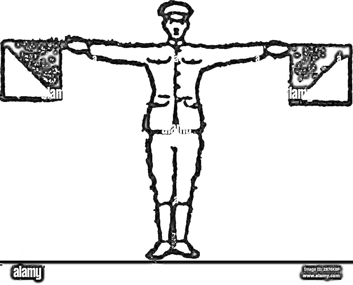 Матрос в форме с сигнальными флажками, стоящий с вытянутыми в стороны руками