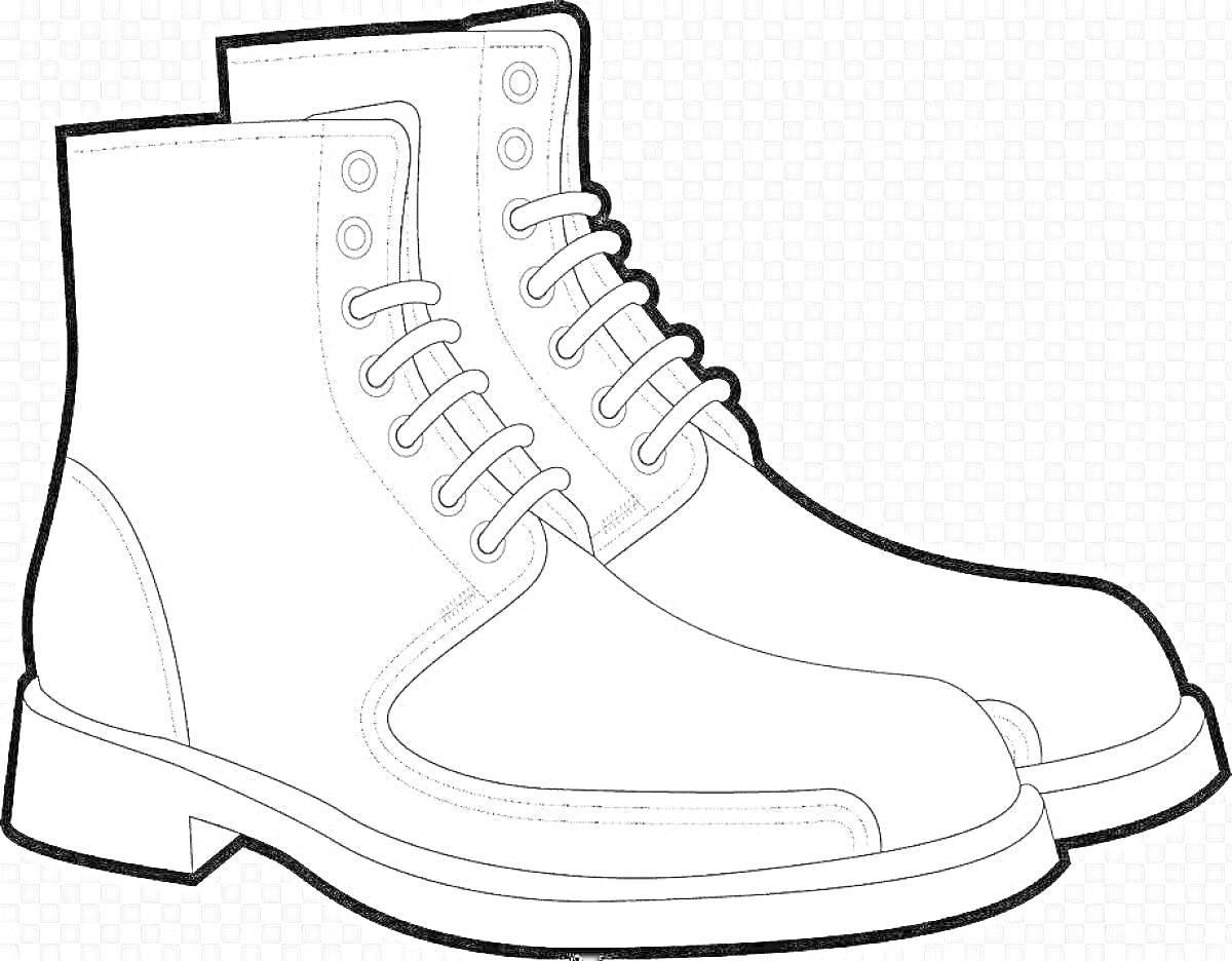 На раскраске изображено: Ботинки, Шнуровка, Обувь, Высокие ботинки, Контурные рисунки