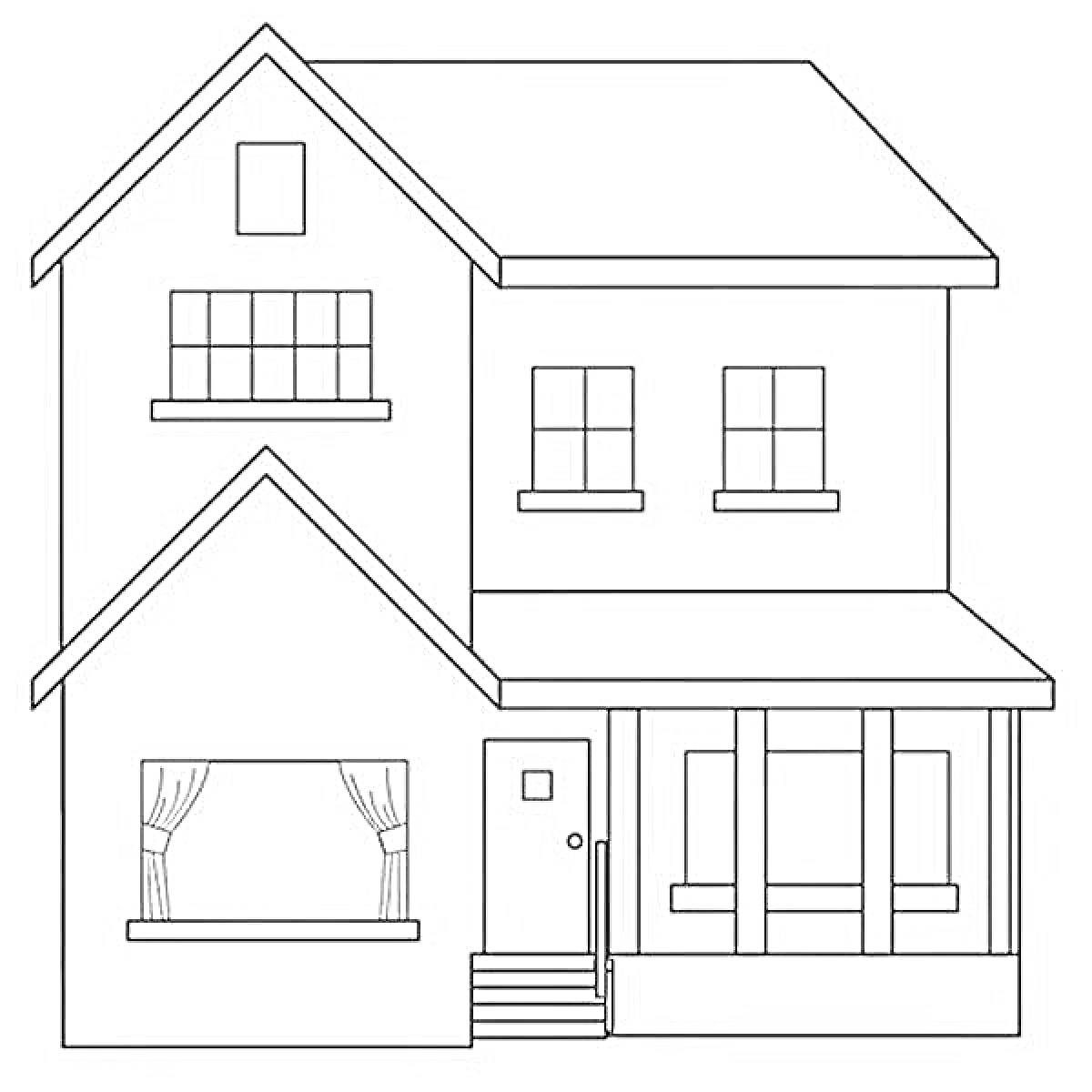 Раскраска Дом мечты с крыльцом, тремя окнами на втором этаже, большим окном с занавесками и входной дверью с небольшими ступеньками