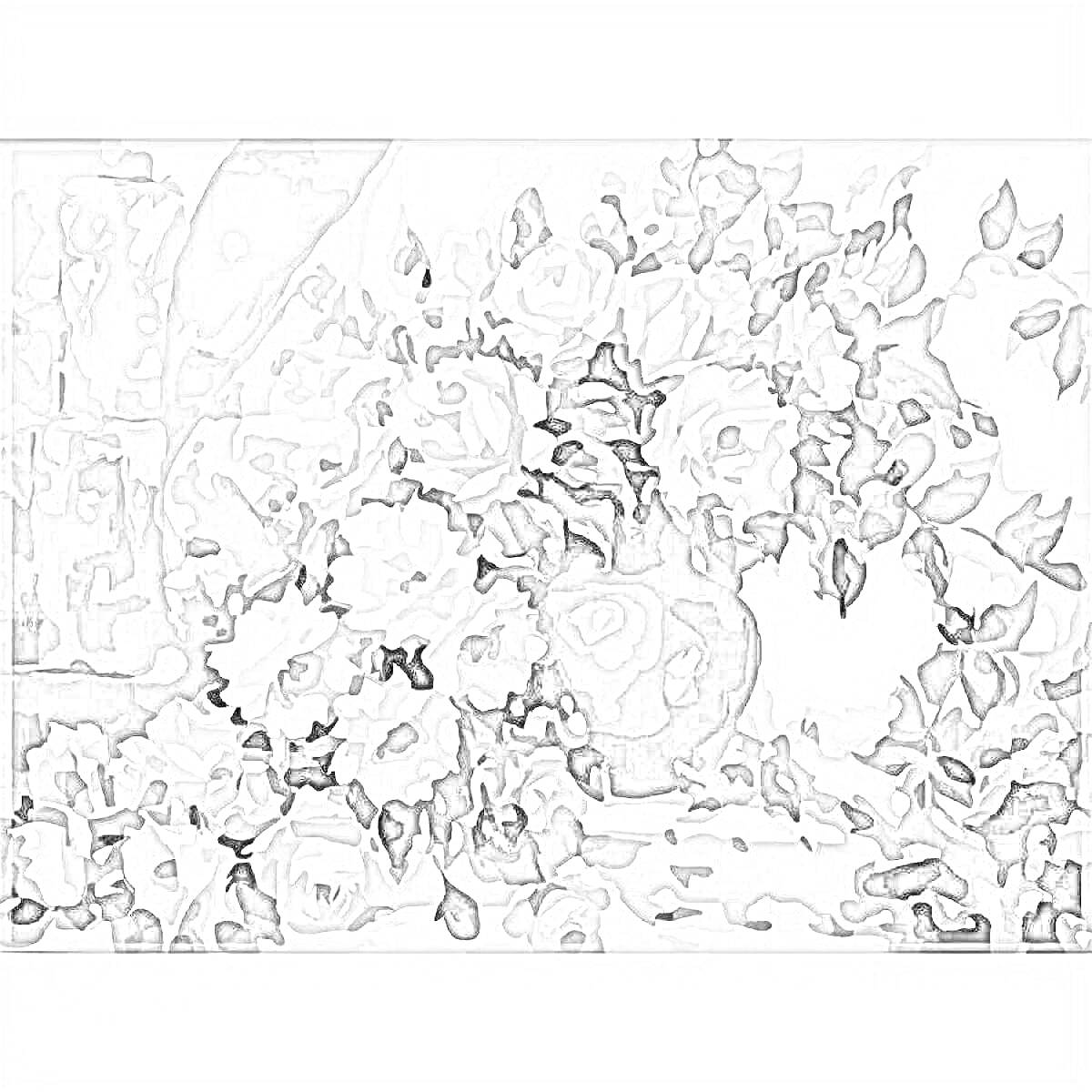На раскраске изображено: Цветы, Розы, Ваза, Листья, Натюрморт, Цветочная композиция, Домашний декор