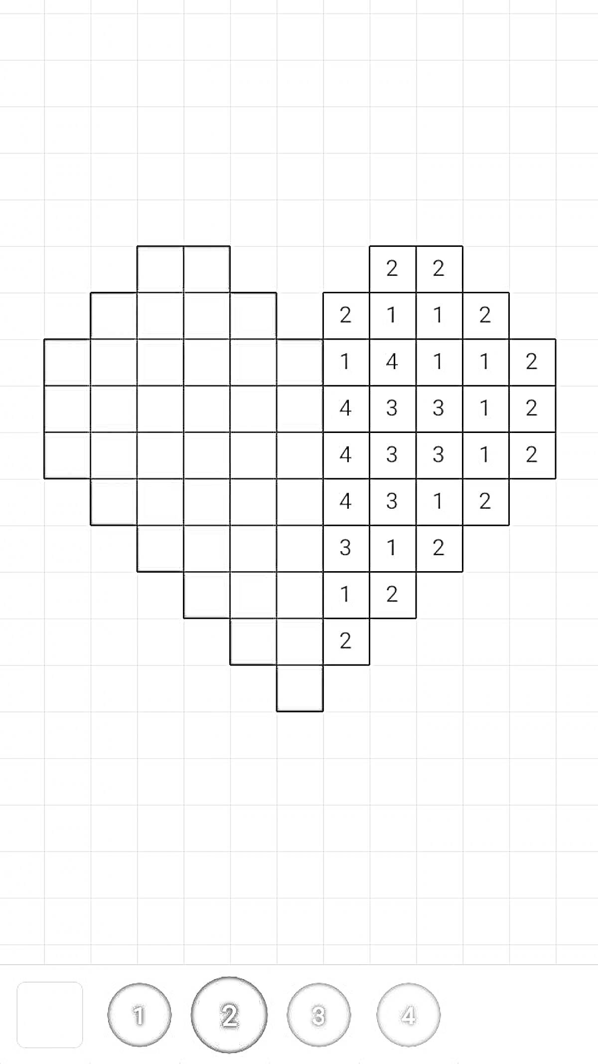 Раскраска Раскраска игра по клеточкам с цифрами, изображение сердечка