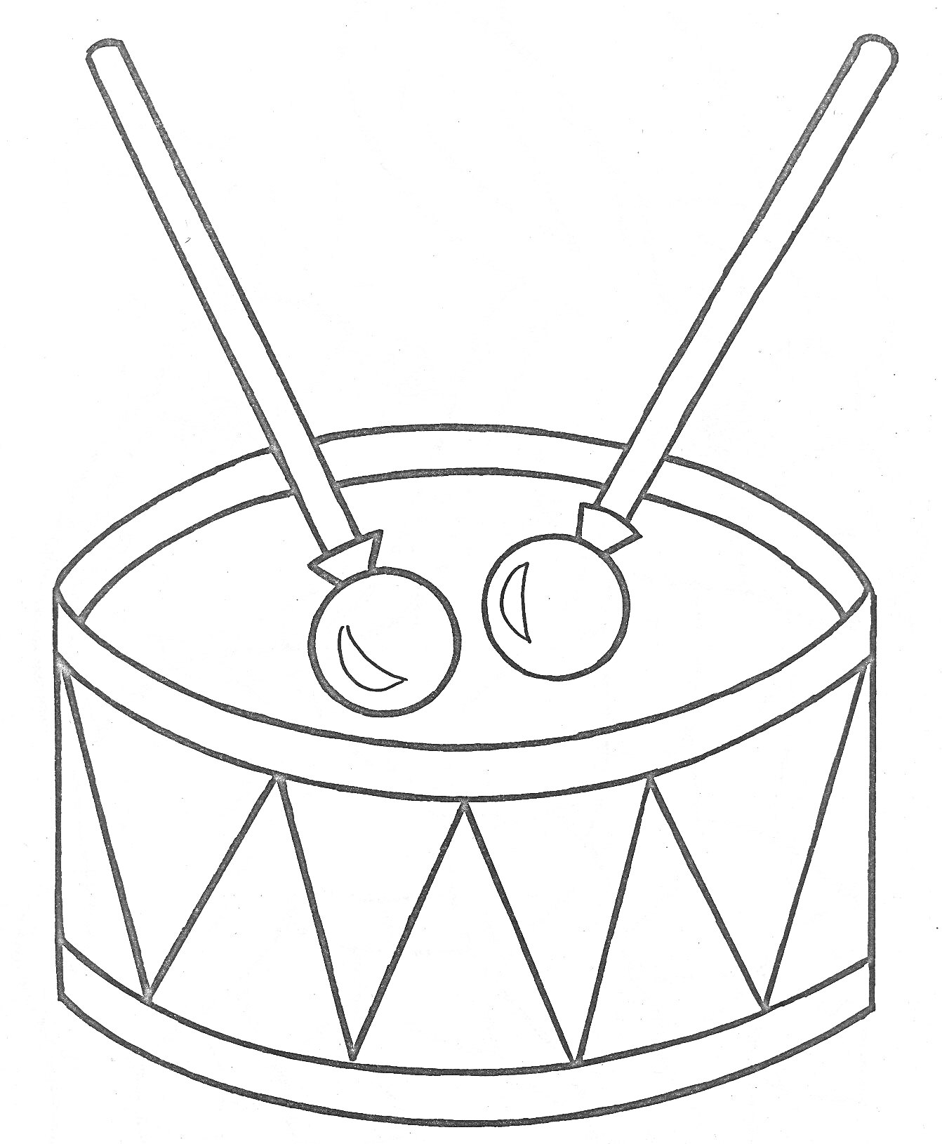 Раскраска Барабан с палочками (две барабанные палочки на барабане с треугольным узором)