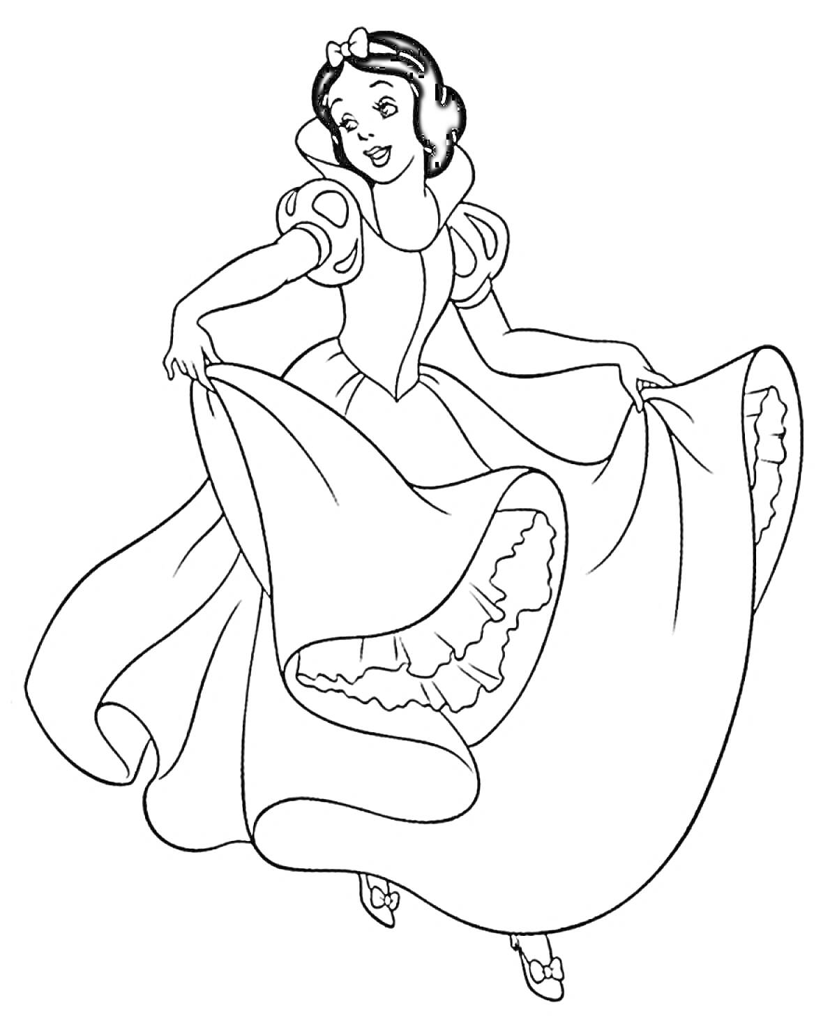 Раскраска Белоснежка в пышном платье с бантом на волосах, держит подол платья с обеих сторон