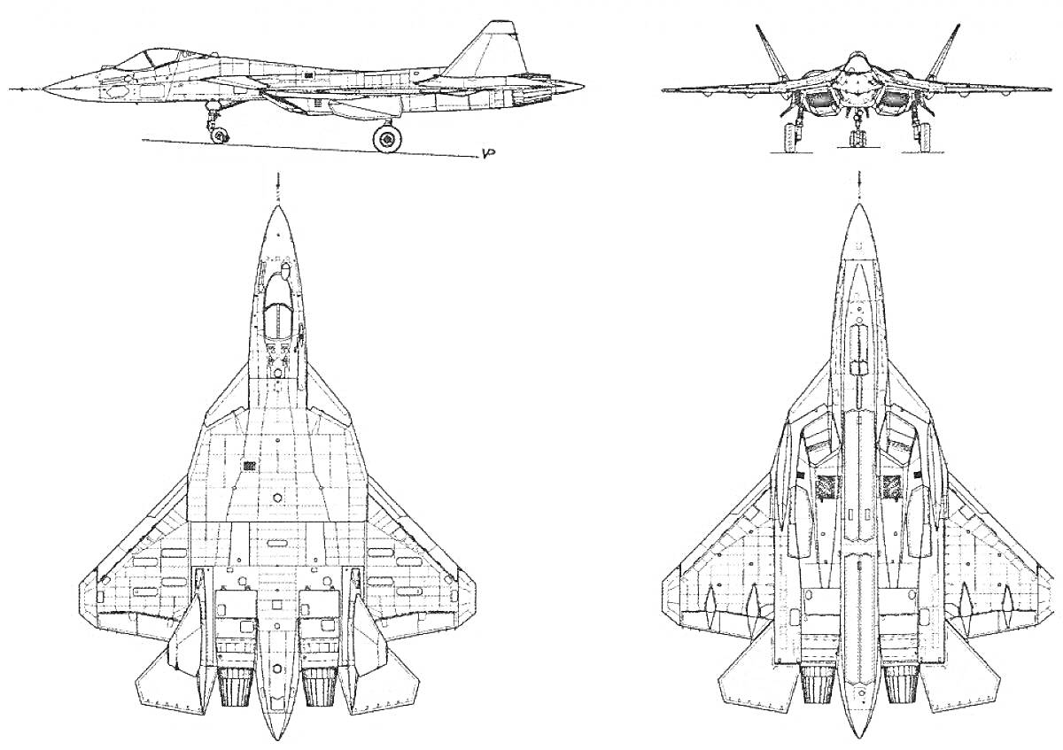 Раскраска Чертежи и схемы военного истребителя Су-57 - боковой, передний и два верхних вида