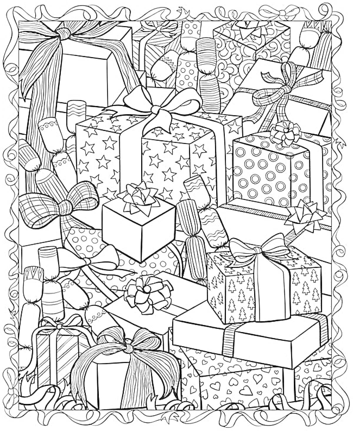 На раскраске изображено: Новый год, Подарки, Упаковка, Узоры, Коробка, Лента, Бант, Праздники