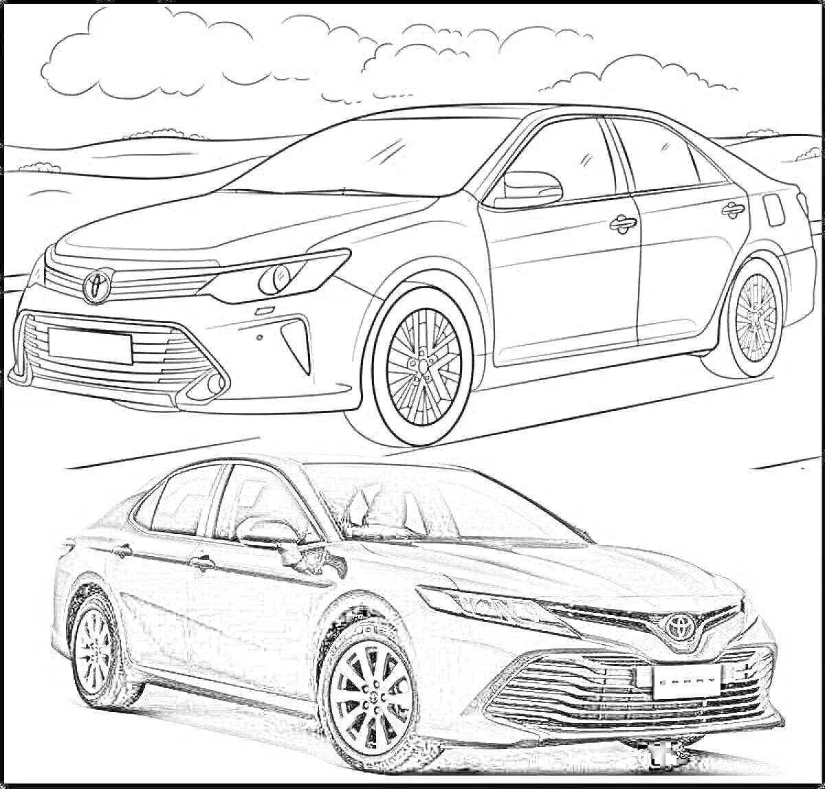 На раскраске изображено: Toyota Camry, Природа, Седан