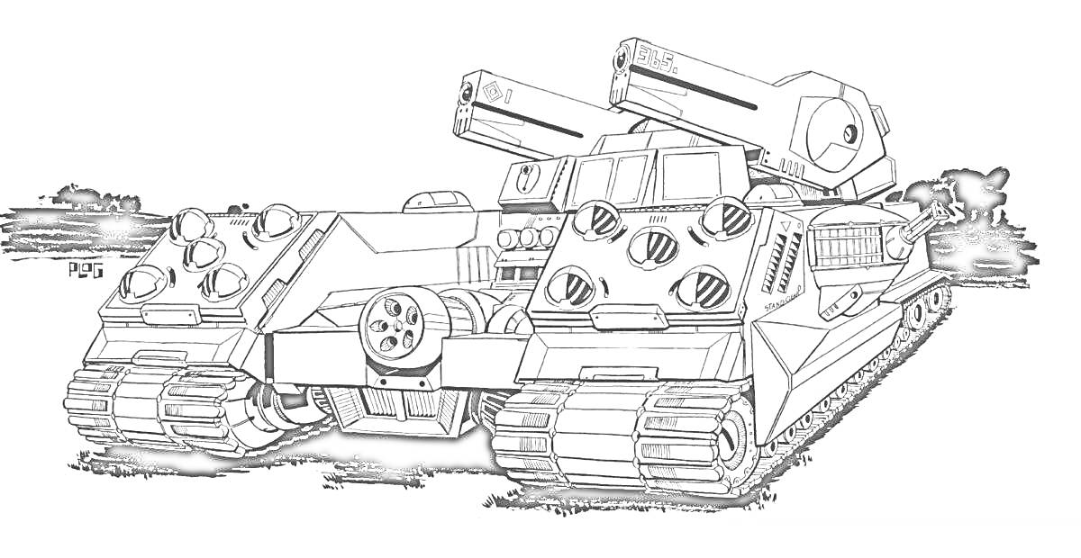 Раскраска Танк Левиафан на гусеницах с двумя крупными пушками и деталями брони