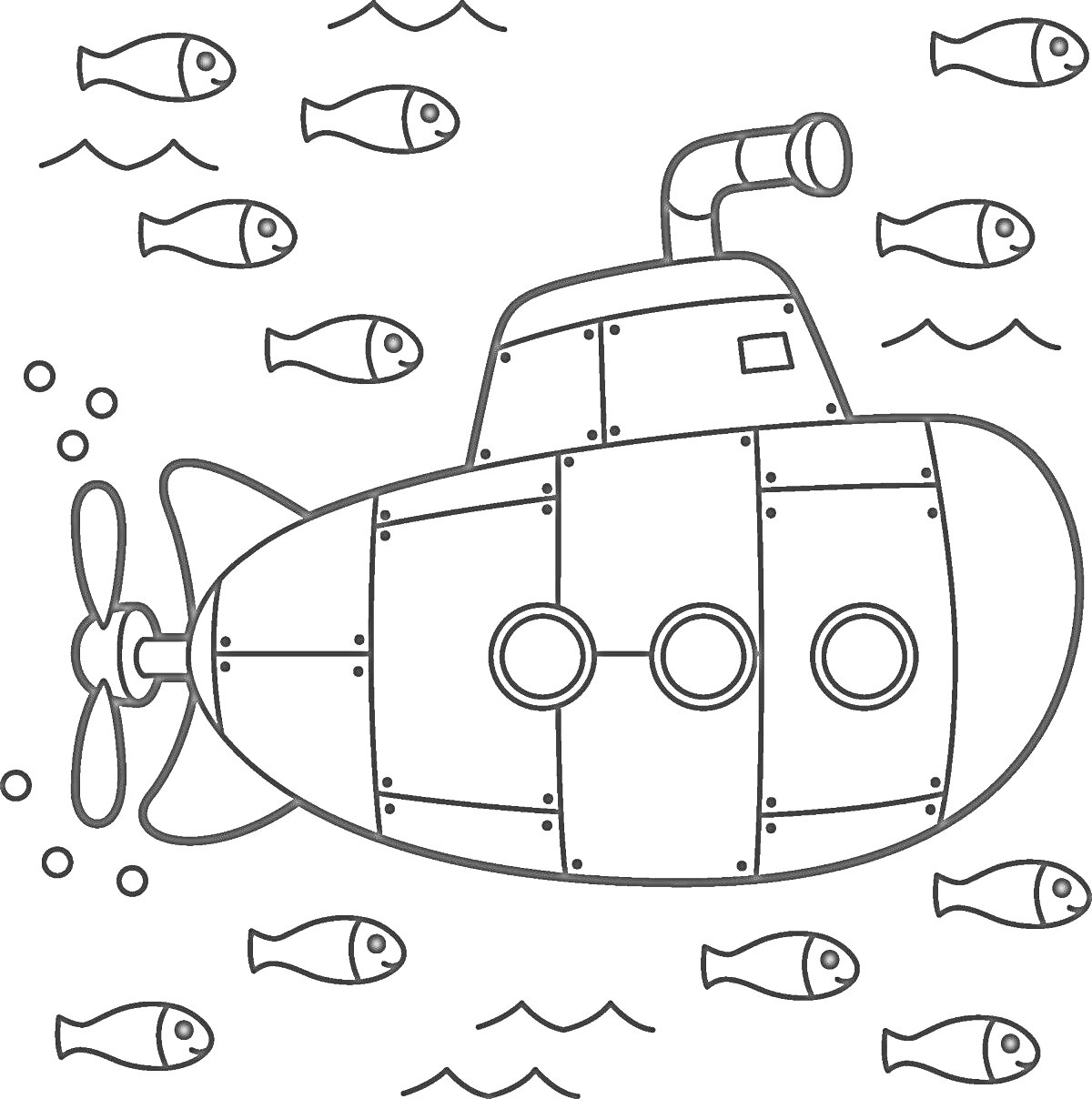 На раскраске изображено: Подводная лодка, Винт, Иллюминаторы, Подводный мир, Море