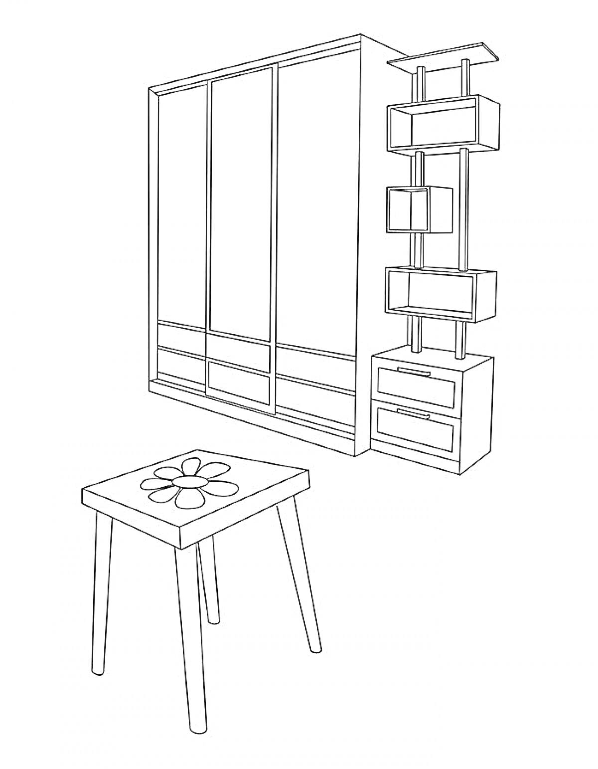 Раскраска Детский шкаф, комод с полками и столик с цветком