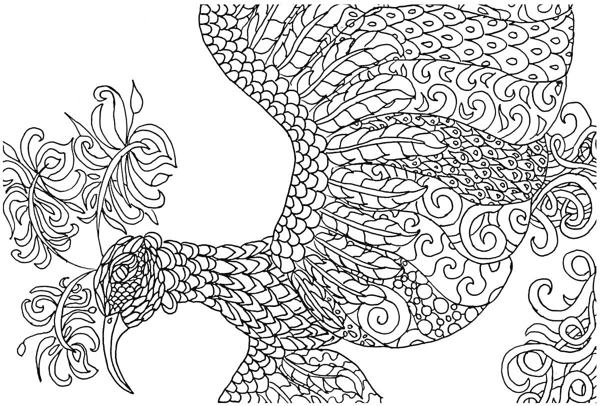 Раскраска детализированная птица с завитками и чешуйчатым узором на крыльях и теле