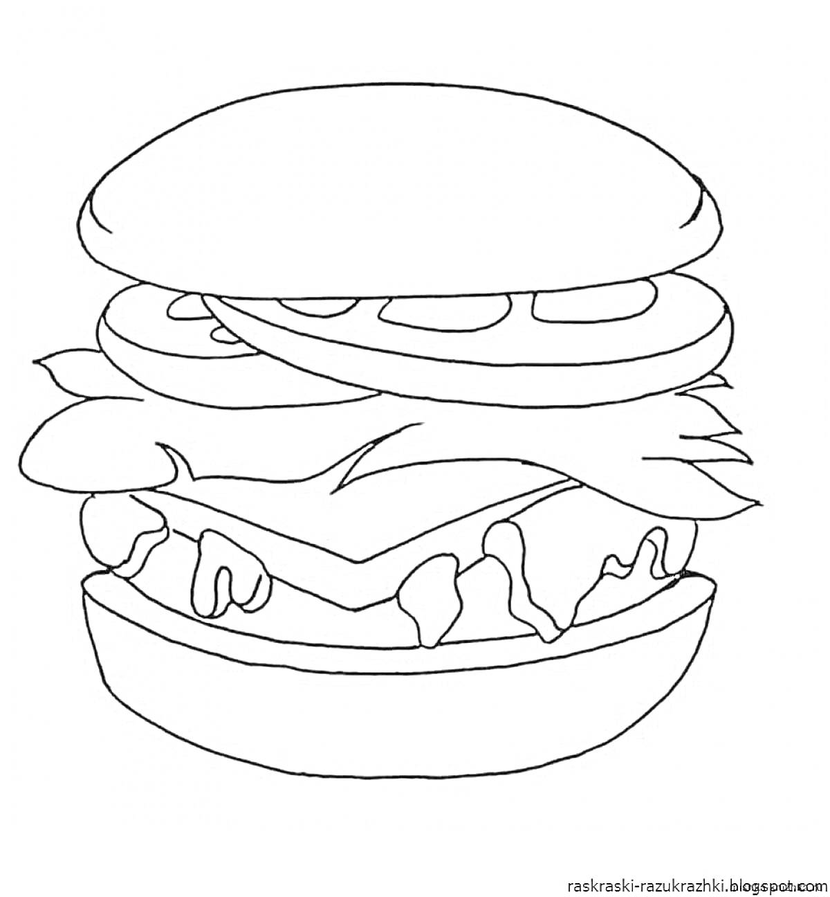 На раскраске изображено: Еда, Гамбургер, Бургер, Сэндвич, Овощи, Салат, Сыр, Соус, Булочка, Помидор, Фаст-фуд