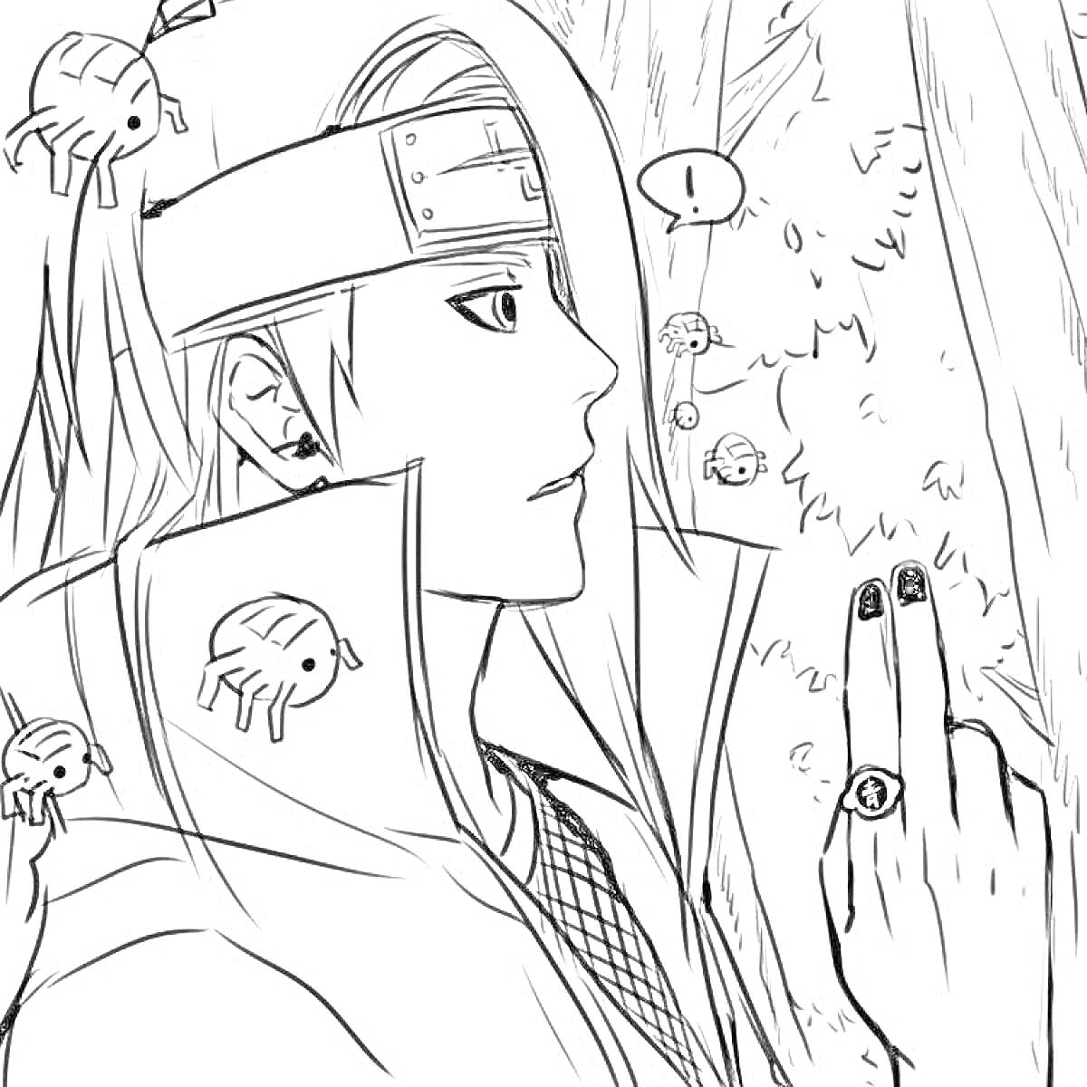 Раскраска Дейдара из Наруто с длинными волосами, лягушкой на голове, насекомыми на одежде и чёрными ногтями в лесу