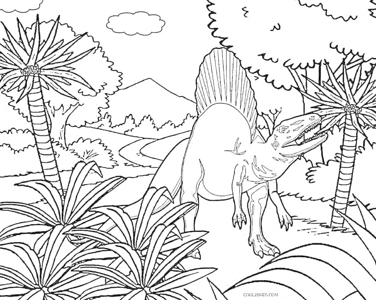 Раскраска Динозавр на лесной поляне возле деревьев с пальмами и горы на заднем фоне