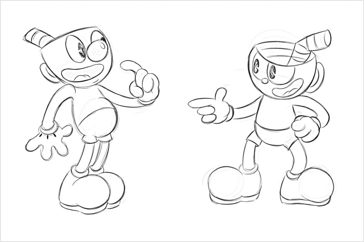 Раскраска Два персонажа Cuphead, один указывает вверх, другой указывает в сторону