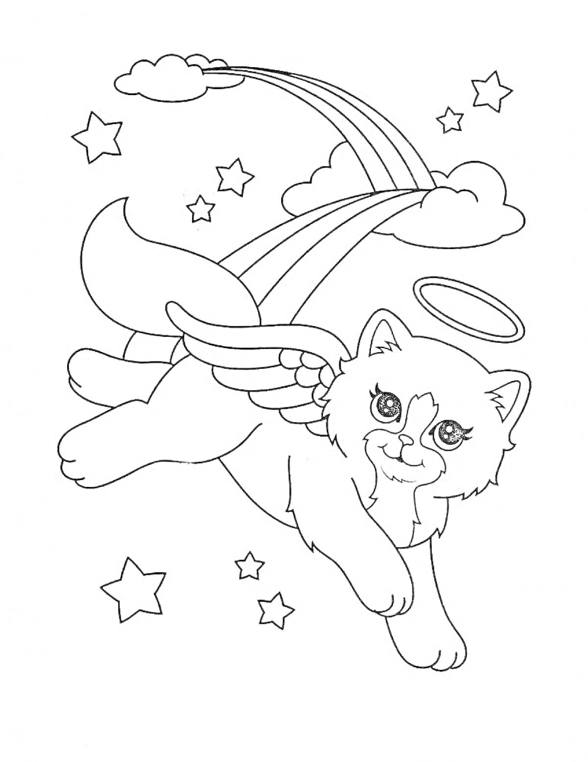 На раскраске изображено: Кот, Ангел, Крылья, Нимб, Звезды, Облака