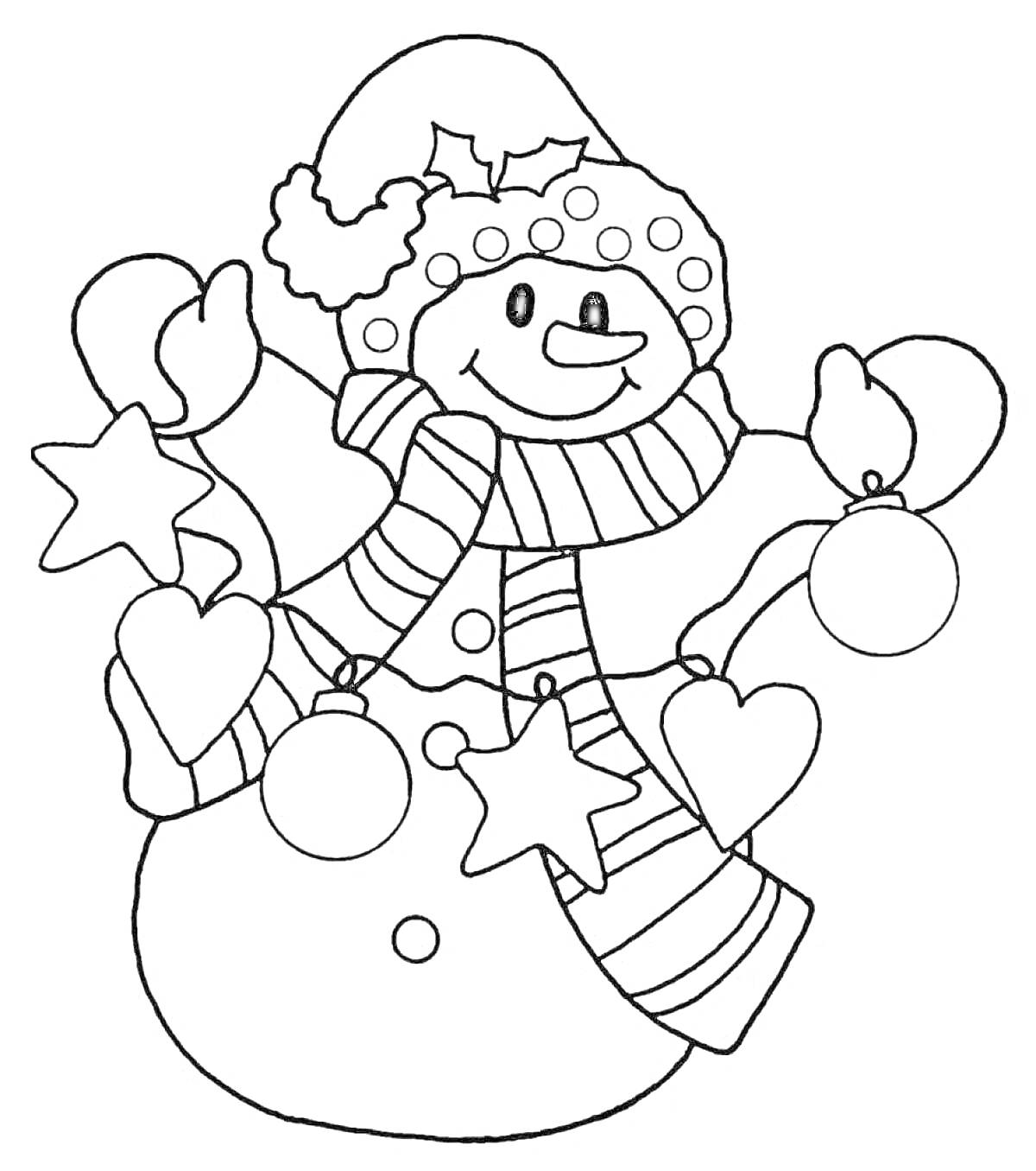 На раскраске изображено: Новый год, Зимняя шапка, Шарф, Звезды, Ёлочные игрушки