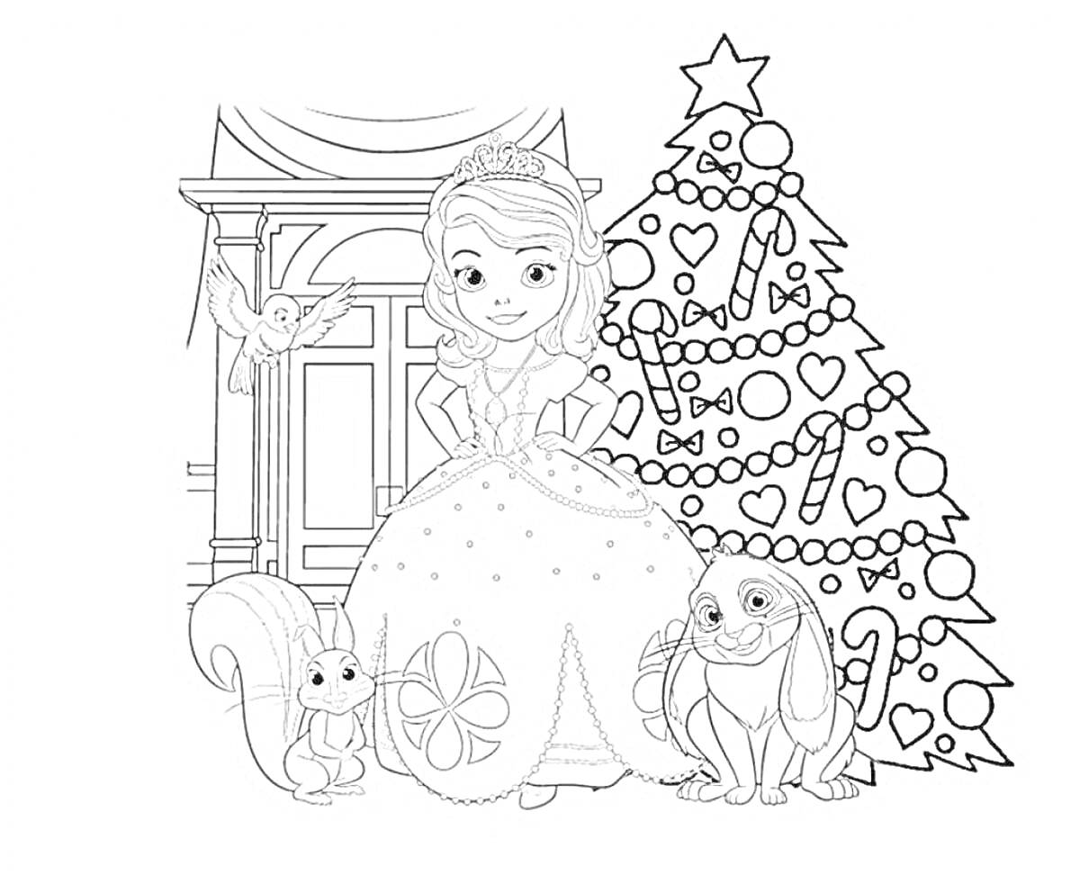 Раскраска Девочка-принцесса возле новогодней ёлки с питомцами у дома