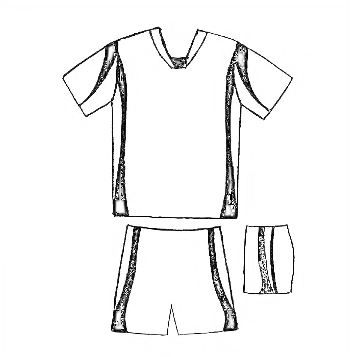 На раскраске изображено: Футбольная форма, Шорты, Носки, Спортивная одежда, Короткие рукава, V-образный вырез