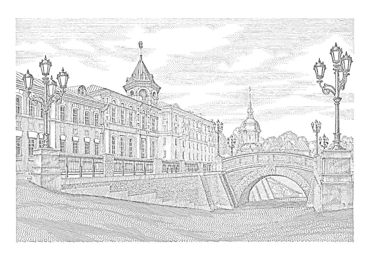 Раскраска Архитектурный пейзаж мост в Воронеже с историческими зданиями