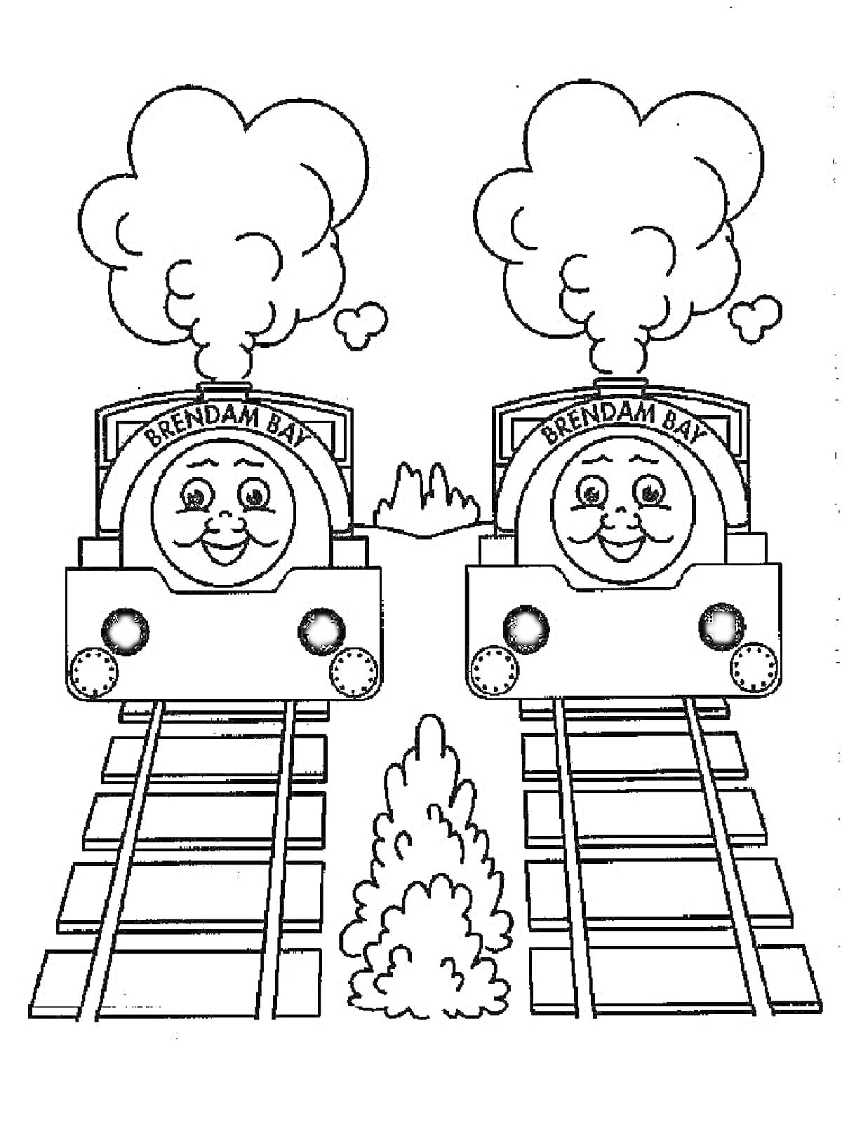Раскраска Два паровозика Томас на рельсах с дымом и деревом между ними